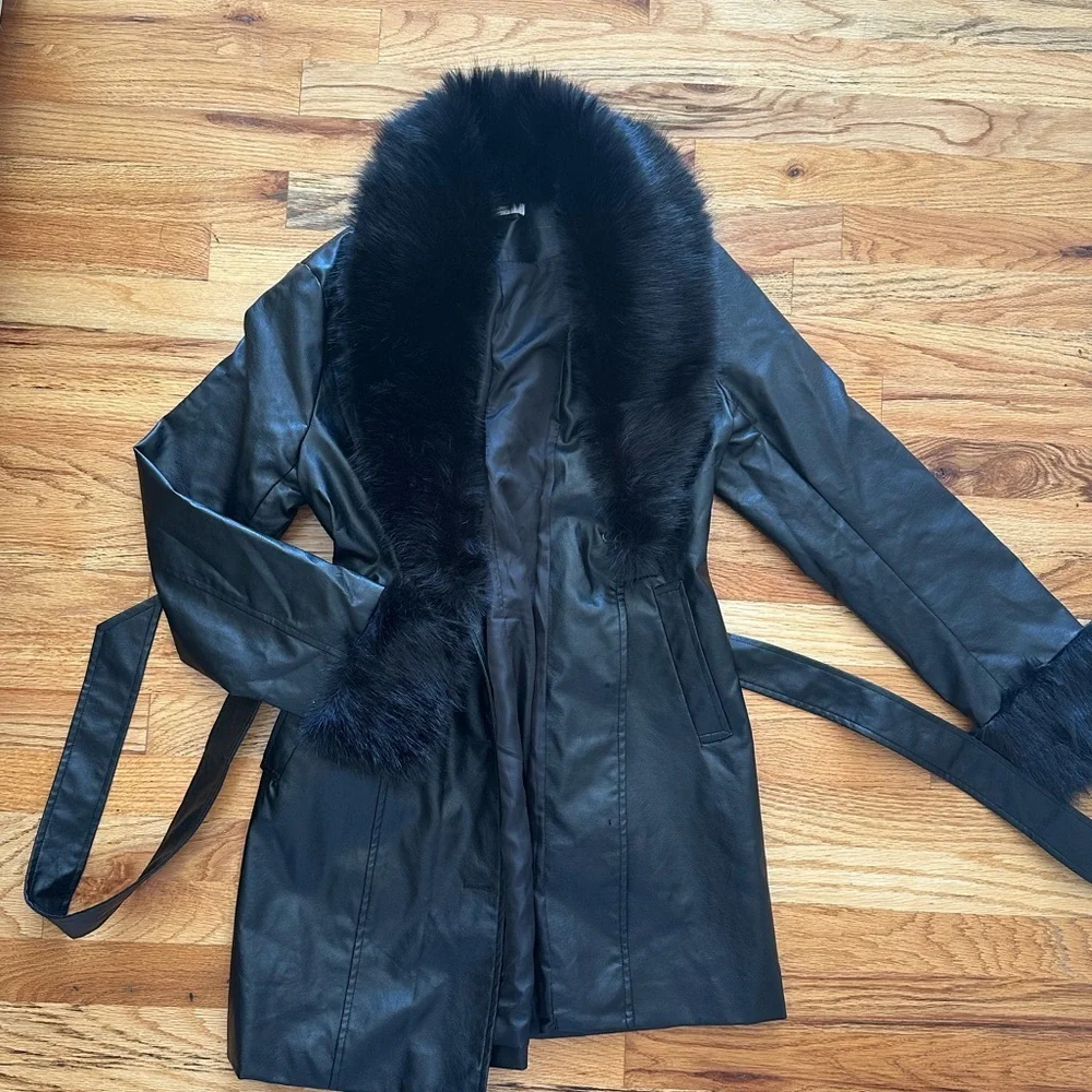 Peppermayo Black Faux Leather Belted Coat